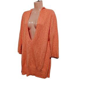 Eileen Fisher V Neck Pullover Hoodie Top Women Size M Orange Linen/Cotton